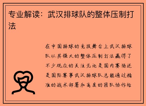 专业解读：武汉排球队的整体压制打法