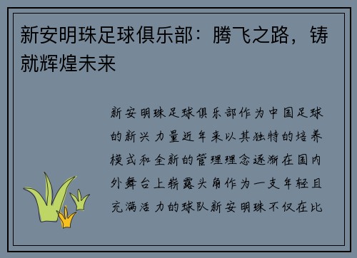 新安明珠足球俱乐部：腾飞之路，铸就辉煌未来