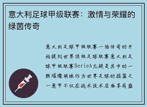 意大利足球甲级联赛：激情与荣耀的绿茵传奇