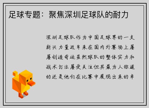 足球专题：聚焦深圳足球队的耐力
