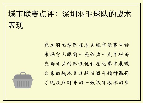 城市联赛点评：深圳羽毛球队的战术表现