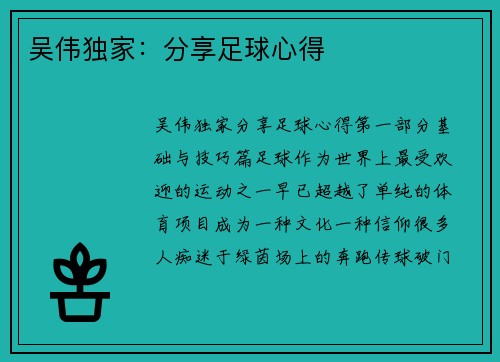 吴伟独家：分享足球心得